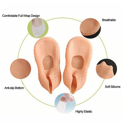 Two peach silicone heel socks with callouts for comfortable wrap, breathable, anti-slip bottom, soft silicone, and highly