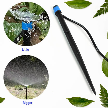 A black and blue water dripper with a thin black hose, surrounded by green leaves, with two circular insets showing – view 3