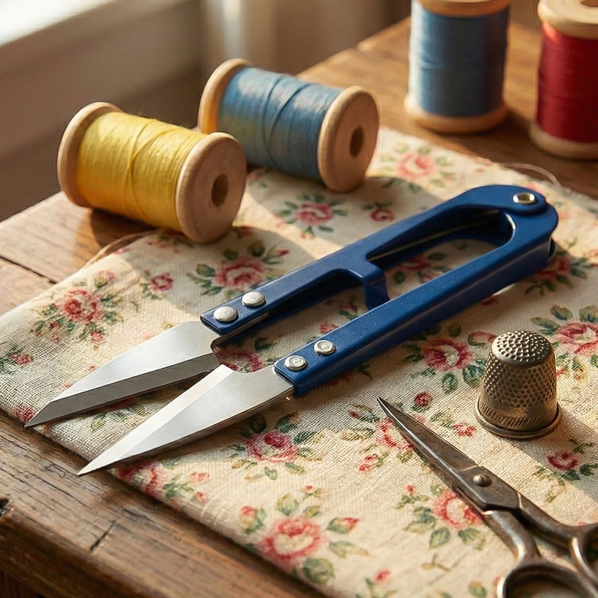 Blue thread snips, a thimble, and small scissors are on floral fabric with spools of colorful thread in the background.