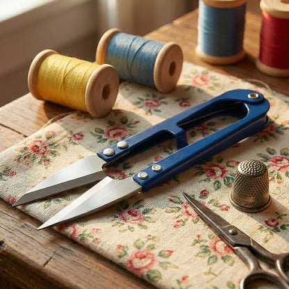 Blue thread snips, a thimble, and small scissors are on floral fabric with spools of colorful thread in the background.