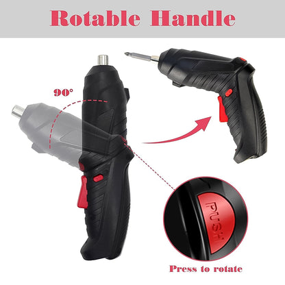 A black and red electric screwdriver is shown with an arrow indicating its handle rotates 90 degrees, and a close-up of the