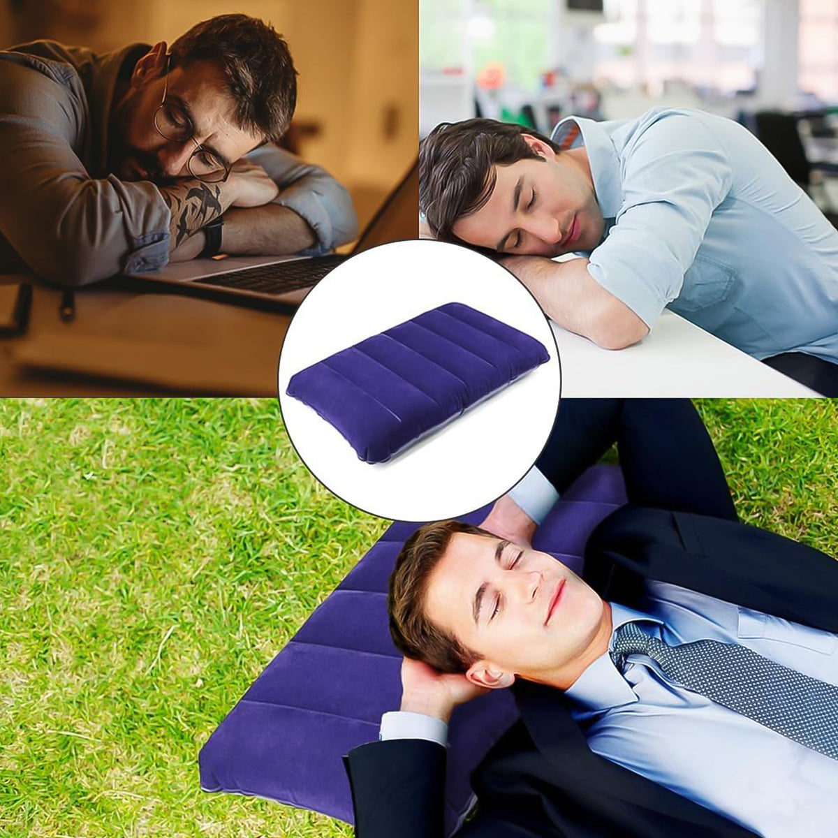 A collage shows a man sleeping with the blue inflatable pillow in an office, on grass, and at a desk.