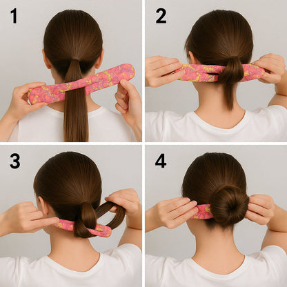 Four-panel image showing steps to use the floral bun maker to create a hair bun.