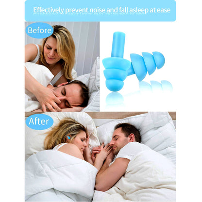 A collage shows a couple sleeping before and after using earplugs, with a pair of light blue earplugs.