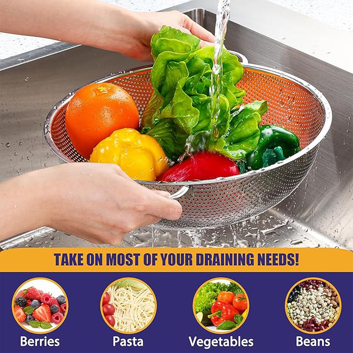 Hands holding a stainless steel strainer bowl filled with colorful vegetables under running water in a sink.