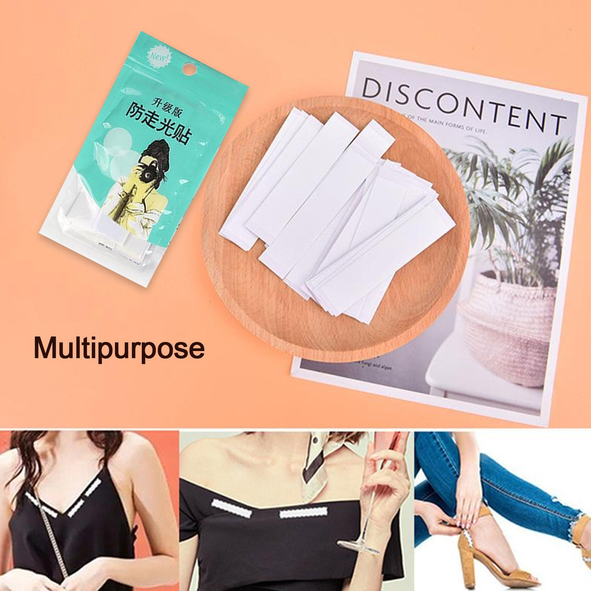 A package of tape and a wooden bowl of tape strips are shown next to three examples of tape use on clothing.