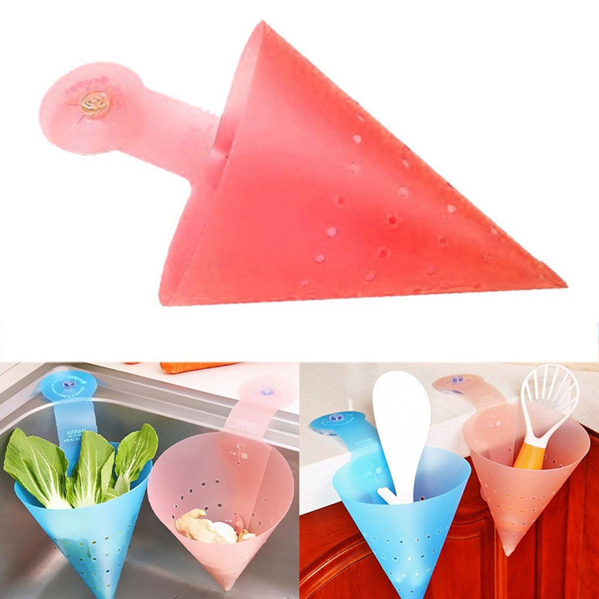 A composite image showing a pink silicone strainer on white, and two strainers in blue and pink holding food scraps and
