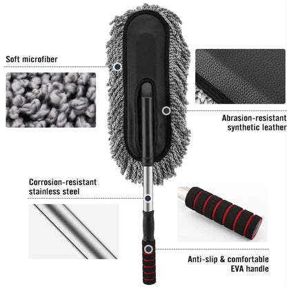 A detailed breakdown of the car duster's features, including soft microfiber, synthetic leather, stainless steel, and EVA