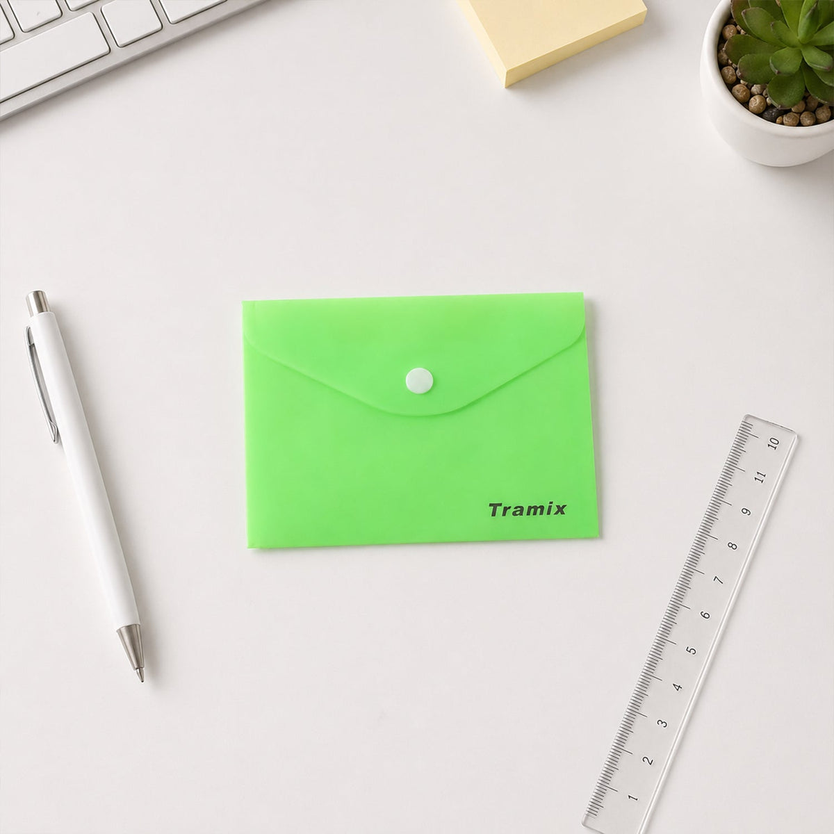 Multiple plastic document folder envelopes in different colours arranged.