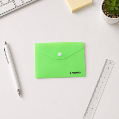 Multiple plastic document folder envelopes in different colours arranged.