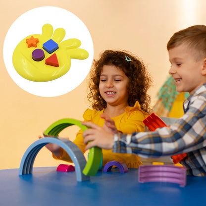 Two children play with colorful plastic arch toys on a blue table, with a yellow shape sorter inset.