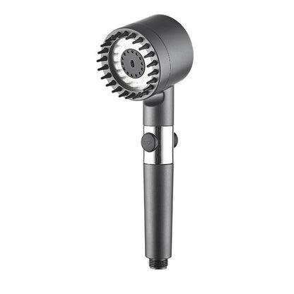 A dark gray shower head with a wide face and rubber bristles, shown on a white background.