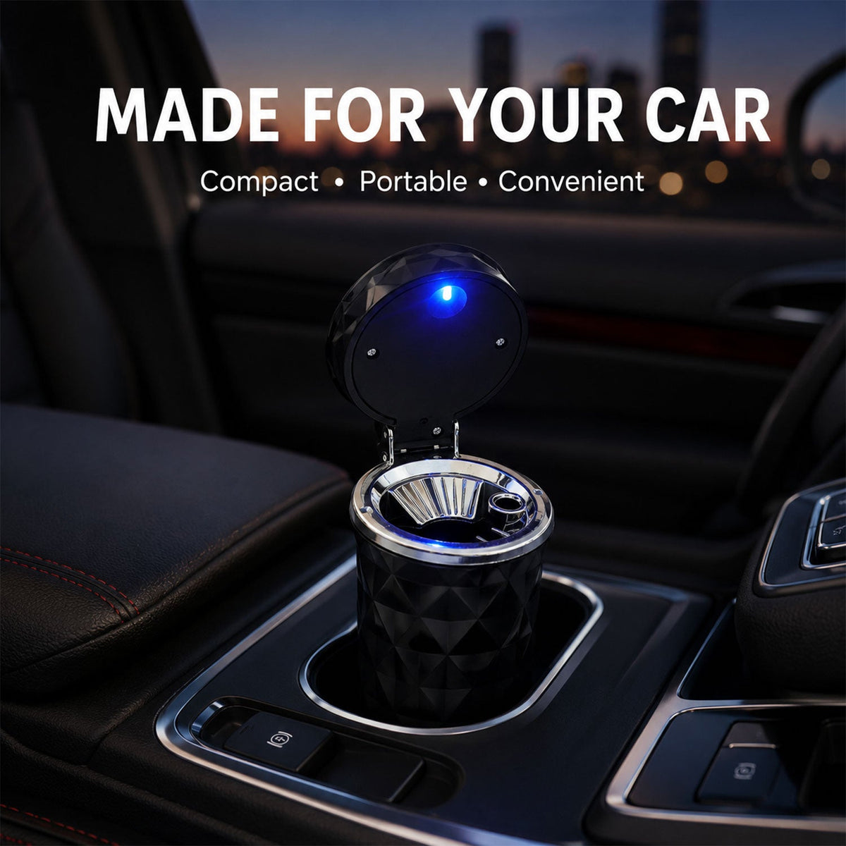 A black car cup holder ashtray with a blue LED light sits in a car's cup holder.