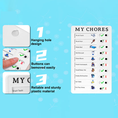 The 'MY CHORES' board with three features highlighted: a hanging hole, removable buttons, and sturdy plastic material.