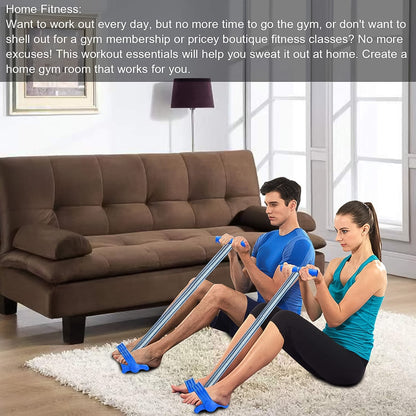 A man and woman sit on a white rug in a living room, using blue foot pedal exercisers with a brown sofa behind them.