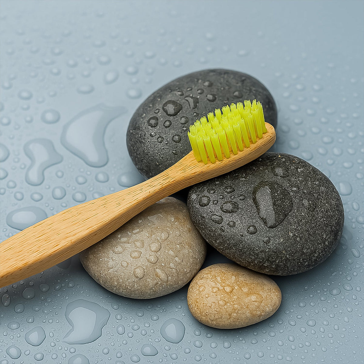 A bamboo toothbrush with yellow bristles lies on a blue surface surrounded by wet river stones.