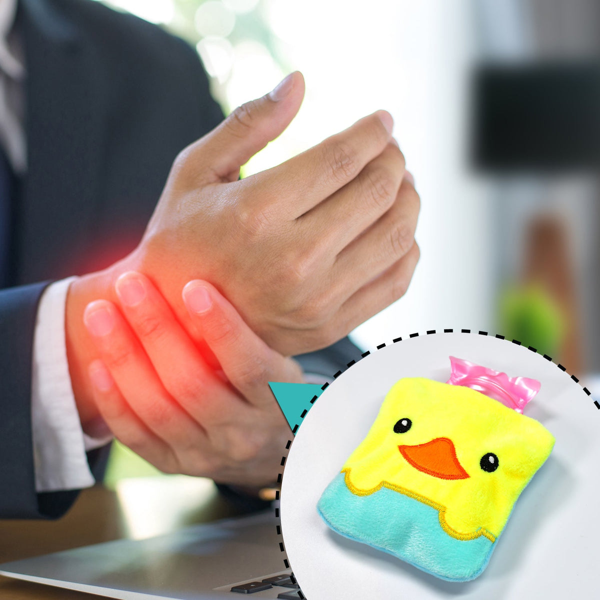 A man holds his wrist with a red glow, with an inset of the yellow duck hot water bag.