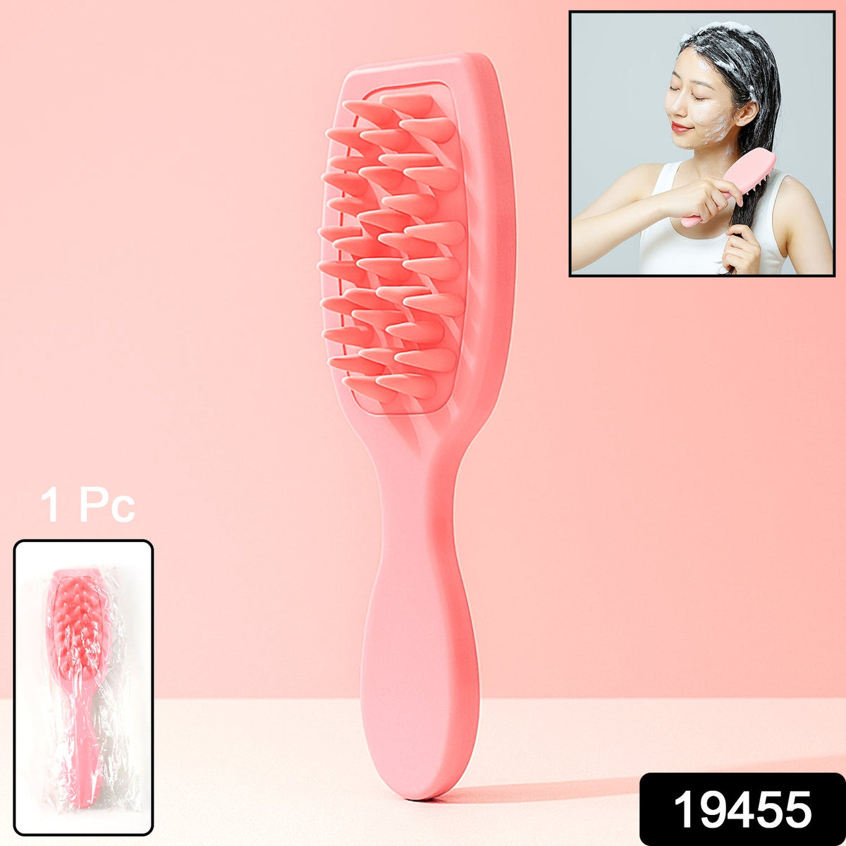 A pink silicone scalp massager brush stands upright with an inset of a woman using it.