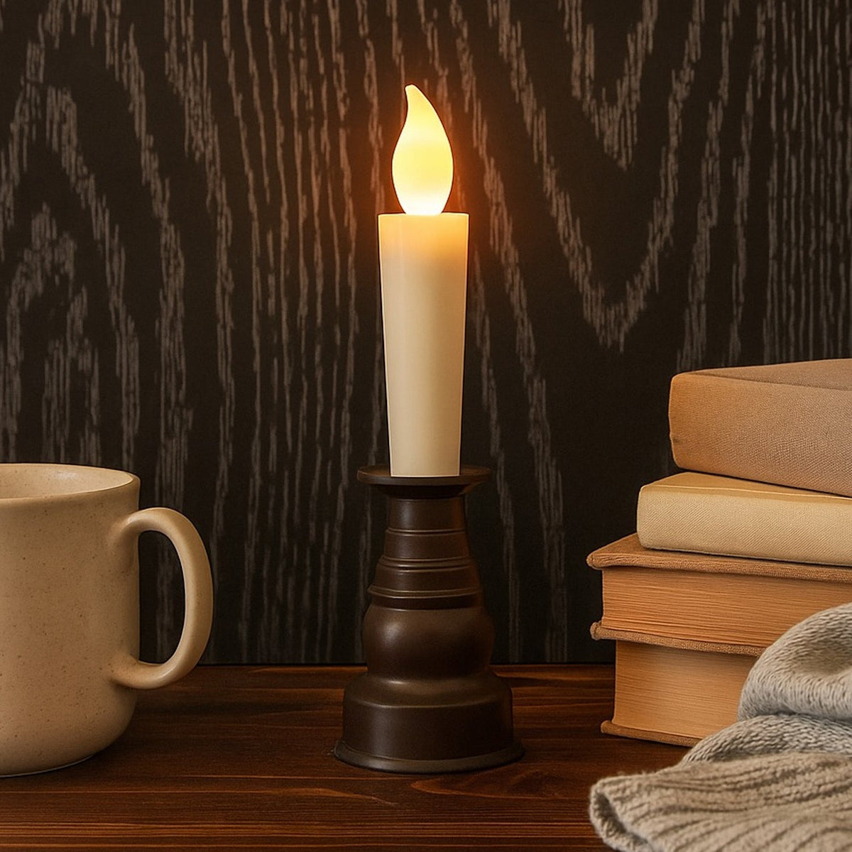 A cream LED candle with a flickering flame sits in a dark bronze holder next to a mug and books.