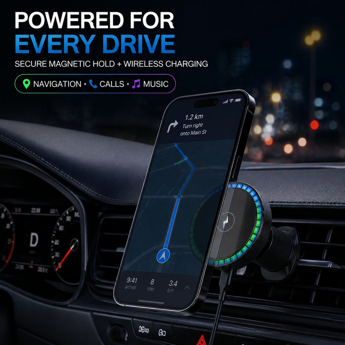 A smartphone displaying a navigation map, wirelessly charging on a magnetic mount with RGB lights in a car interior at night.