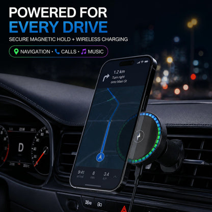 A smartphone displaying a navigation map, wirelessly charging on a magnetic mount with RGB lights in a car interior at night.