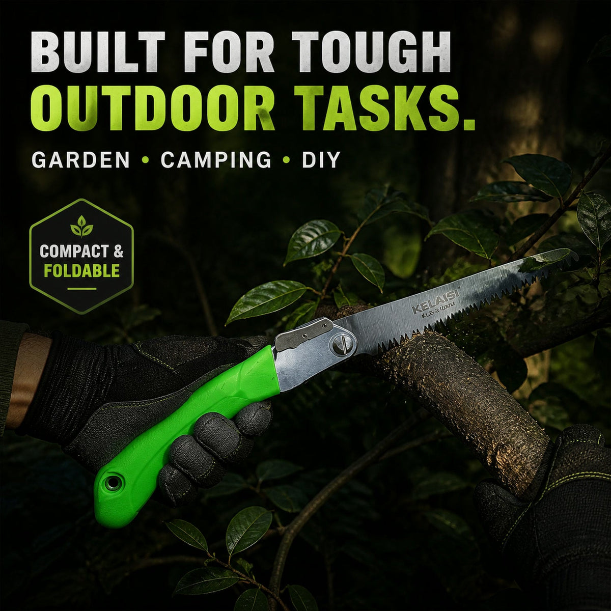 A gloved hand holds the green folding saw, ready to cut a tree branch, with text about outdoor tasks.