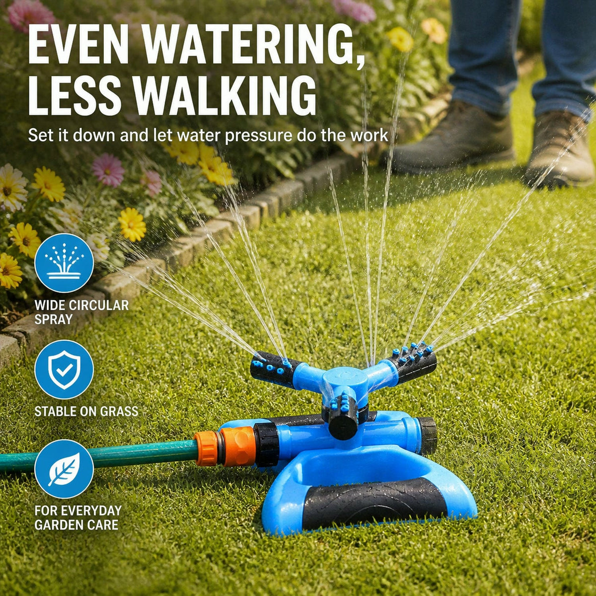 Blue and black rotating lawn sprinkler in a lush garden setting