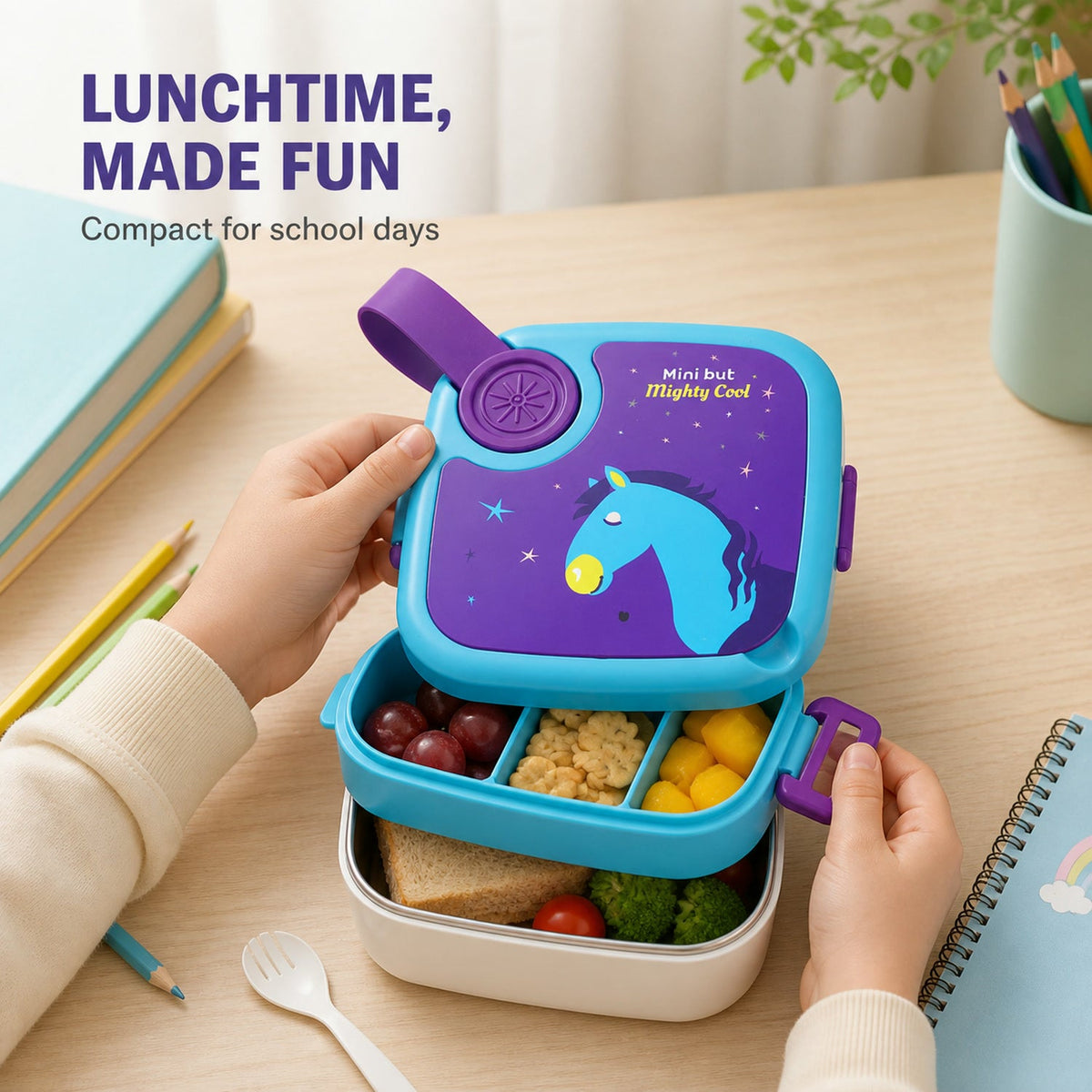 A child's hands holding the blue and purple lunch box with a horse print, filled with food, on a wooden desk with school