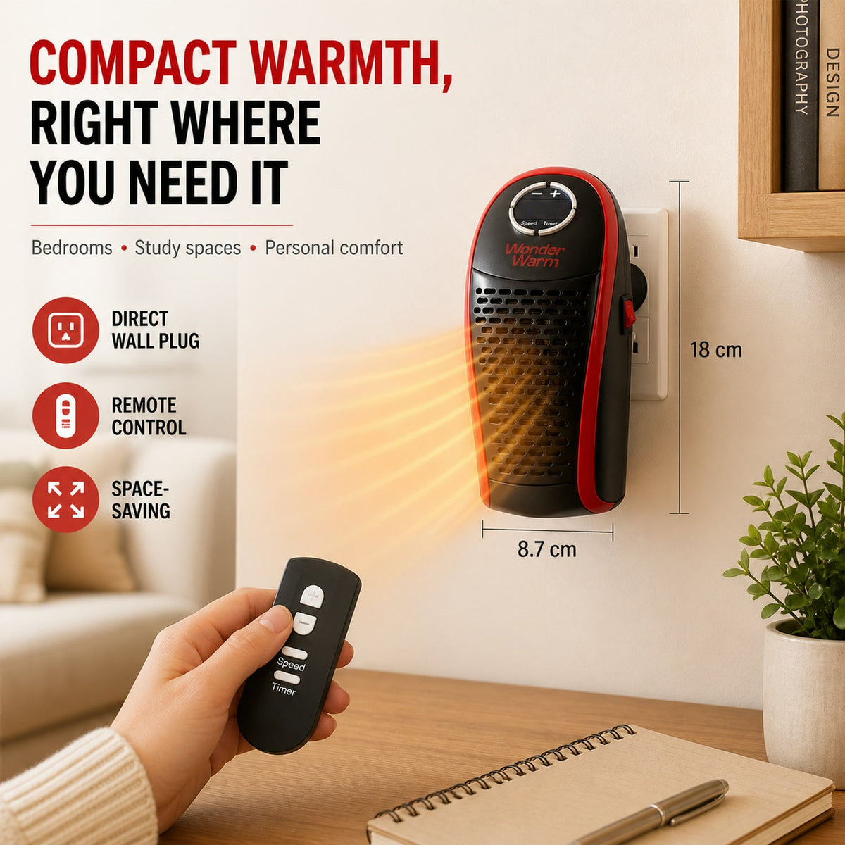 Lifestyle image of the compact wall plug-in room heater in use.