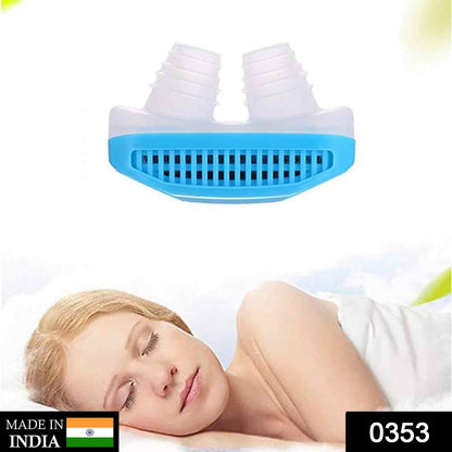 A blue and white anti-snoring nose clip with a sleeping woman, and a "Made in India" label.