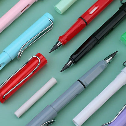 A close-up view of several colorful inkless pencils and an eraser stick on a teal surface.