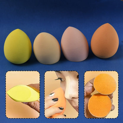 Four colorful makeup sponges standing upright on a blue background, with three insets showing use and texture.