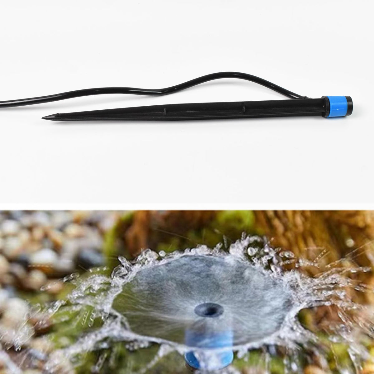 A black and blue water dripper with a thin black hose, with a close-up of the dripper spraying water in an outdoor setting.
