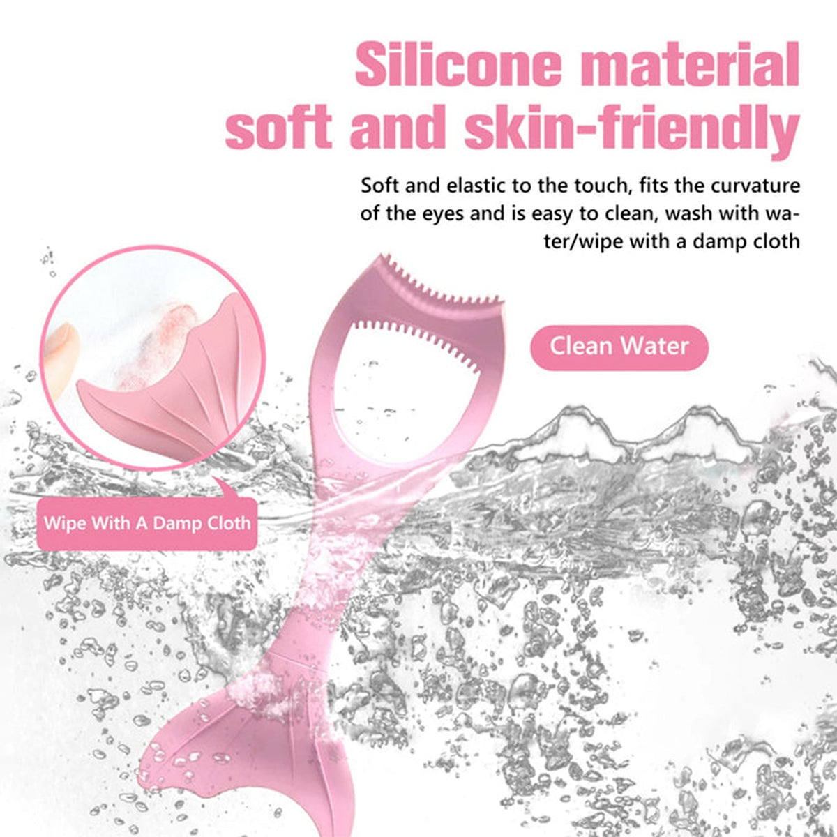 A pink silicone makeup tool is shown being cleaned under splashing water, highlighting its soft and skin-friendly material.