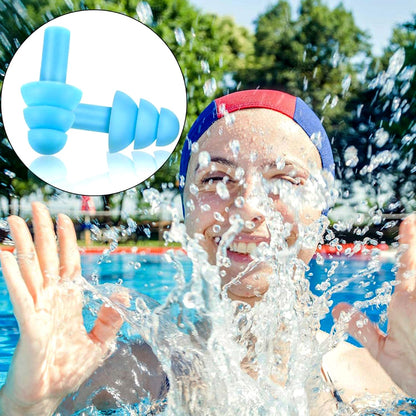 A person in a swimming cap splashes water, with an inset showing a pair of light blue silicone earplugs.