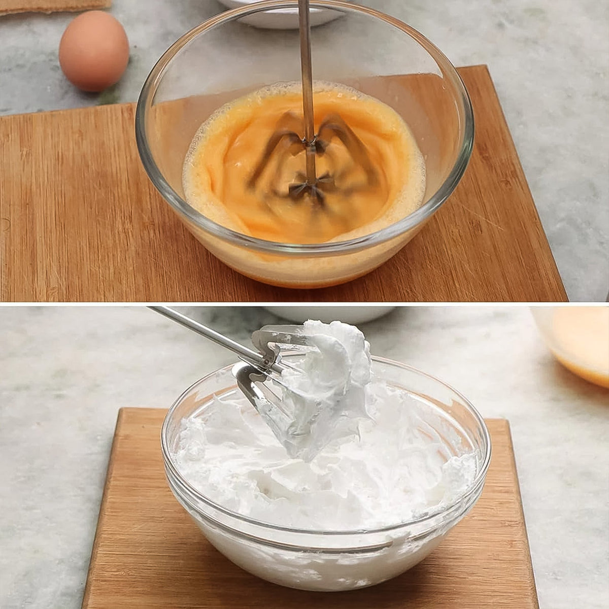 A two-panel image showing a whisk mixing yellow liquid in a bowl, and then whisking white foamy mixture in another bowl.