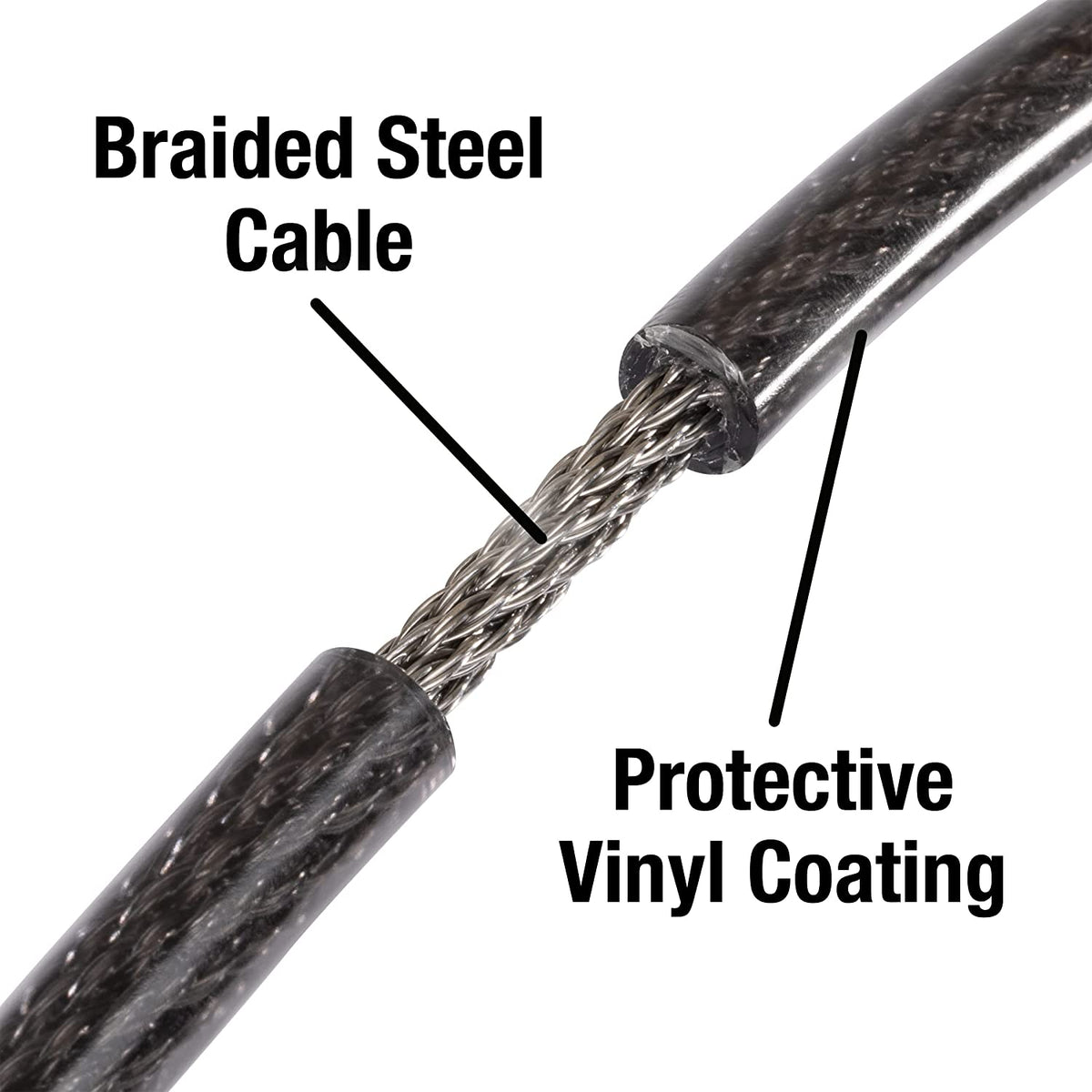 A close-up view of the black cable shows its braided steel interior and clear protective vinyl coating.