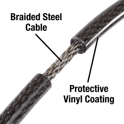 A close-up view of the black cable shows its braided steel interior and clear protective vinyl coating.