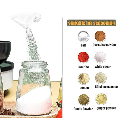 A hand pours white seasoning into a clear glass dispenser, with a list of suitable seasonings on the right.