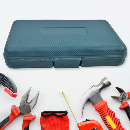 Closed teal tool kit on a white surface, with various red and black tools like a hammer and pliers scattered below it.