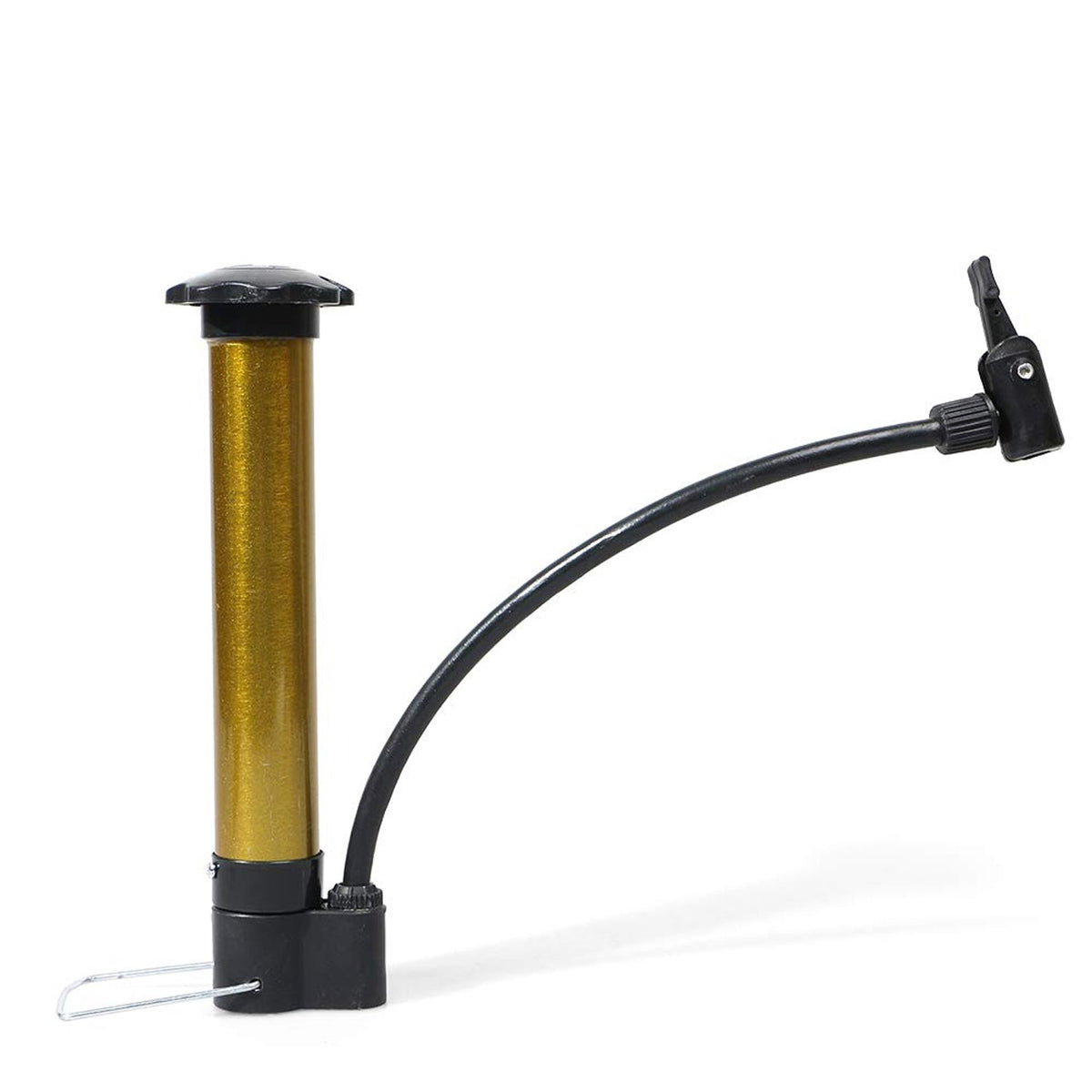 A gold and black hand pump with a black hose and nozzle stands upright on a white surface.
