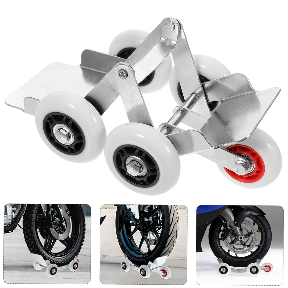 A silver metal roller stand with four white wheels and red accents is shown from an angle, with three insets of motorcycles