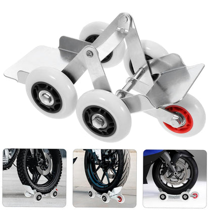 A silver metal roller stand with four white wheels and red accents is shown from an angle, with three insets of motorcycles