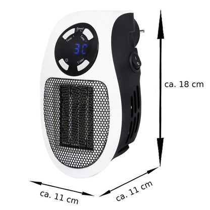 White and black wall heater with dimensions of approximately 18 cm height and 11 cm width/depth.