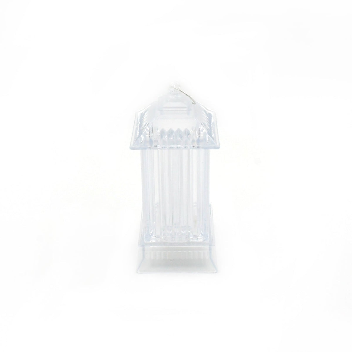 A clear, unlit LED crystal lantern lamp stands upright on a plain white background, showing its transparent structure.