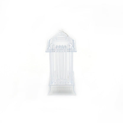 A clear, unlit LED crystal lantern lamp stands upright on a plain white background, showing its transparent structure.
