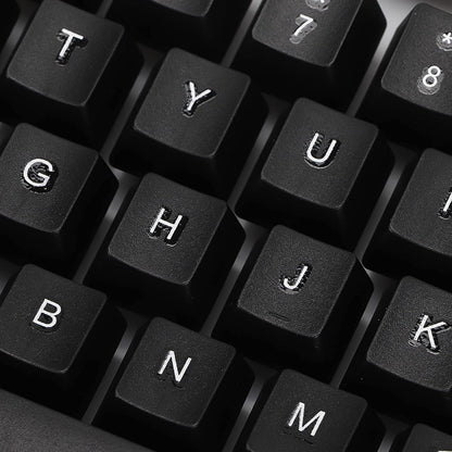 A close-up view of several black keyboard keys with white letters and numbers.