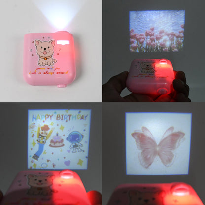 A four-panel grid showing the pink projector and various projected images, including flowers, a birthday scene, and a