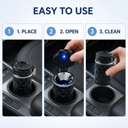 Three panels showing how to use the ashtray: placing it, opening it, and removing it for cleaning.