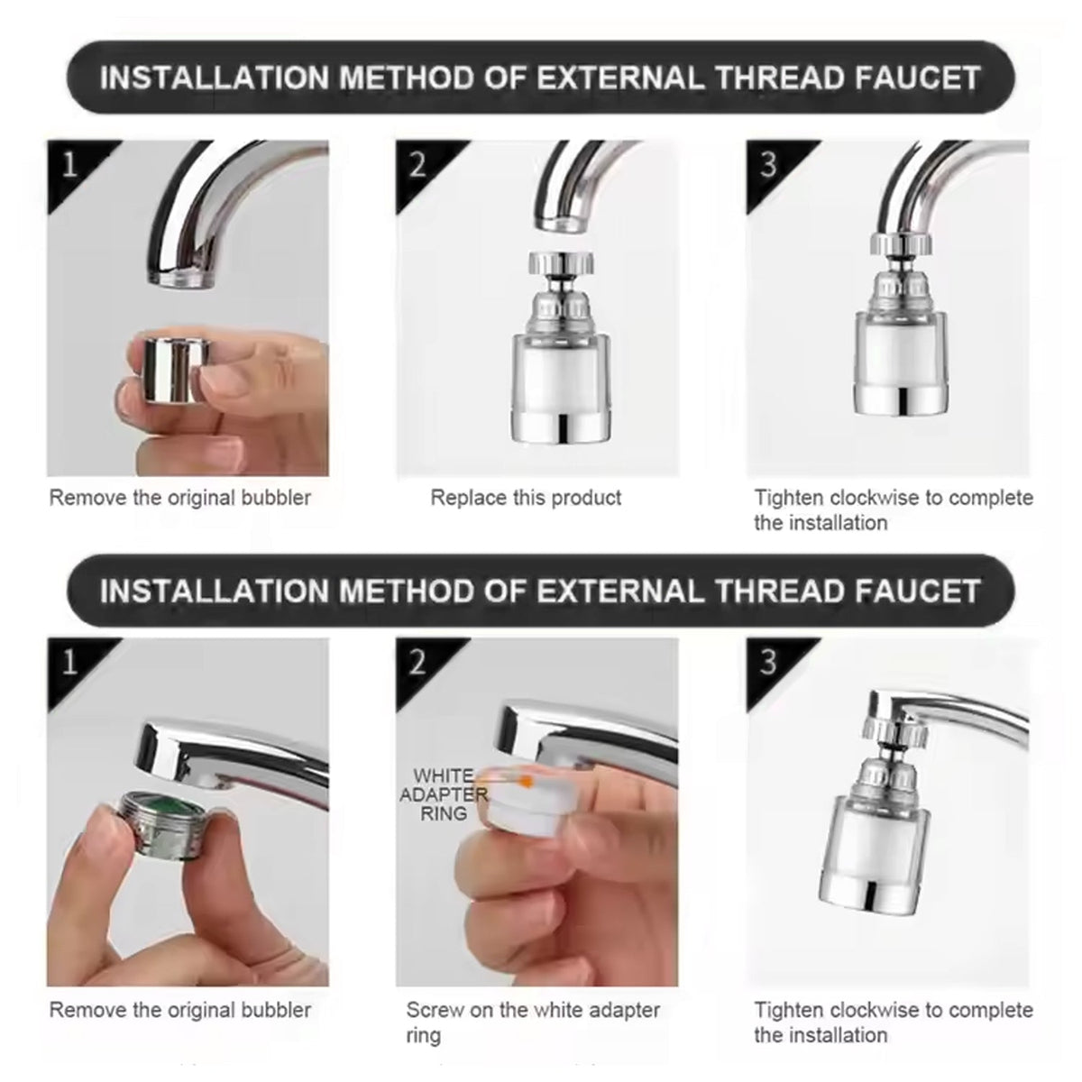 A six-panel diagram illustrating two methods for installing the faucet aerator onto different types of faucets.